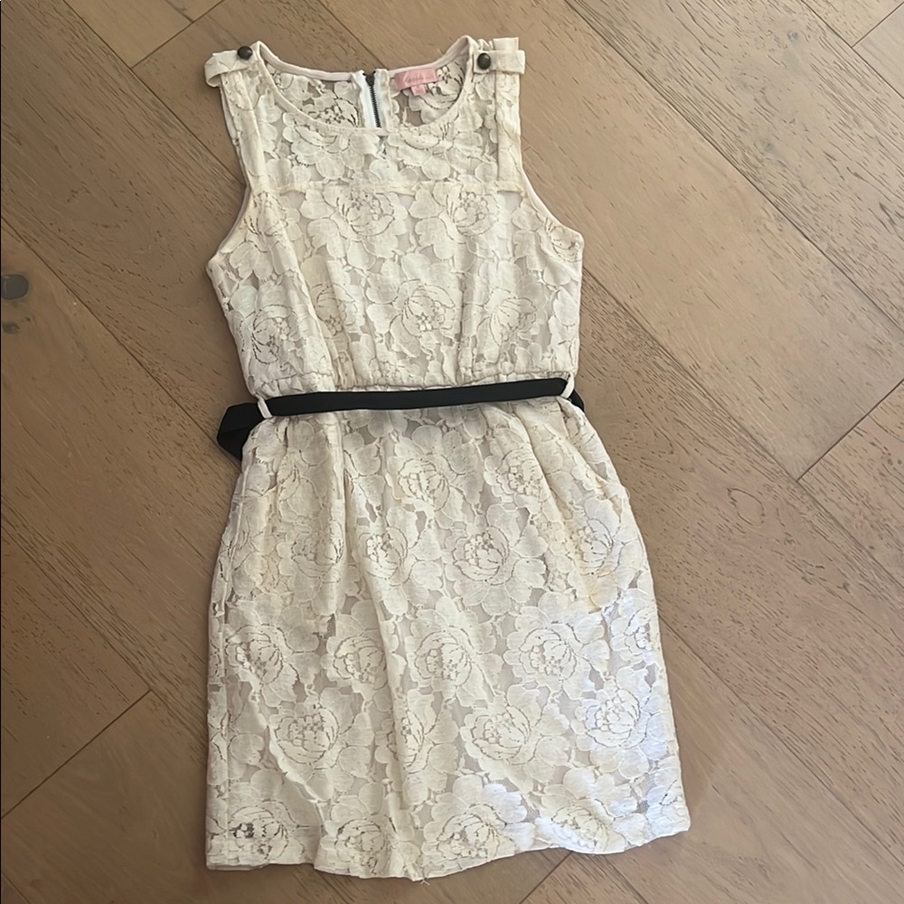 Elegant Cream Lace Dress with Black Belt